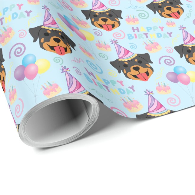Papel De Presente Rottweiler Birthday Gift Wrapping Paper in Blue (Ponta do rolo)