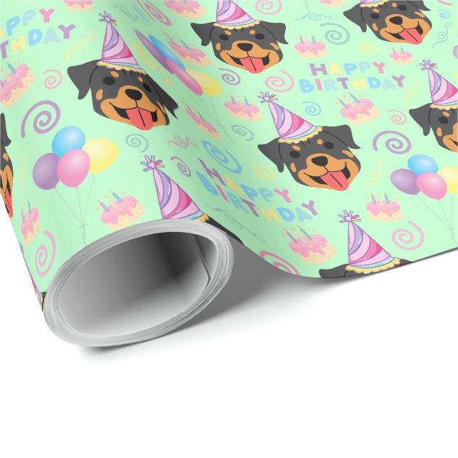 Papel De Presente Rottweiler Birthday Gift Wrapping Paper in Green (Ponta do rolo)