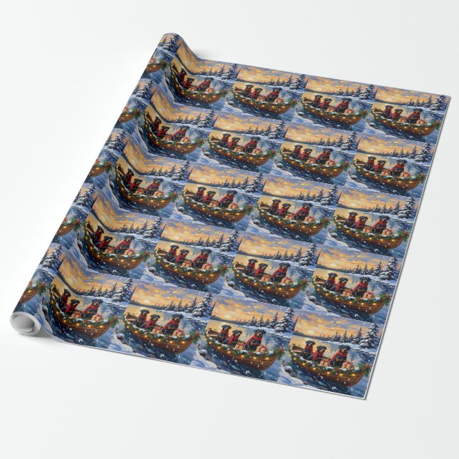Papel De Presente Rottweiler Christmas Boat Holiday (Desenrolado)