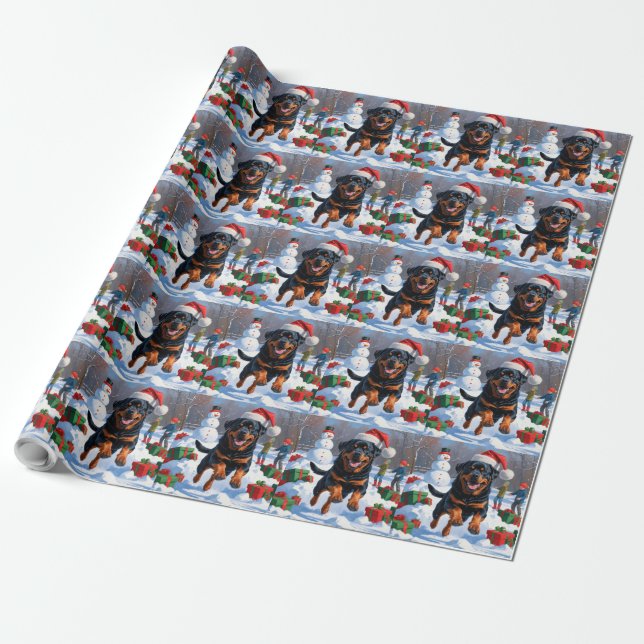 Papel De Presente Rottweiler correndo em neve com chapéu de Natal (Desenrolado)