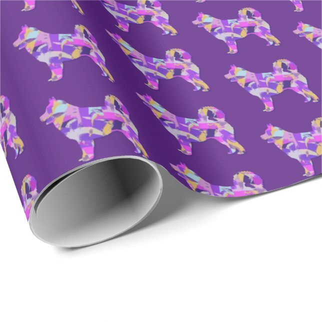 Papel De Presente Rouco Cão Siberiano Silhueta Colorida Roxo (Ponta do rolo)