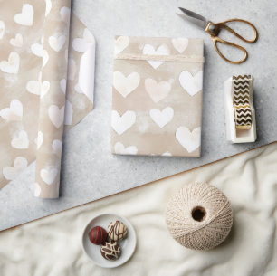 Papel De Presente Rouge Creme Corações Brancos Aniversário
