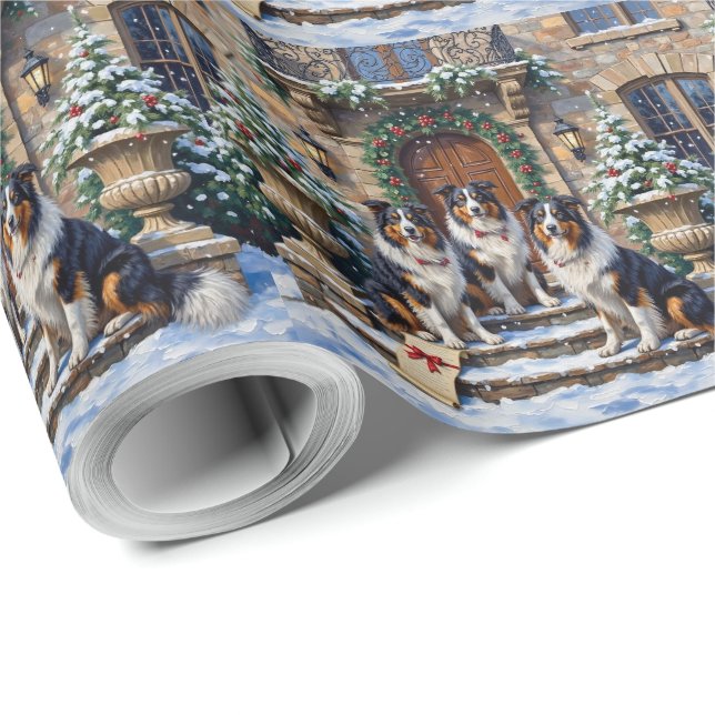 Papel De Presente Rough Collie Natal Mansão Escocesa Highland (Ponta do rolo)