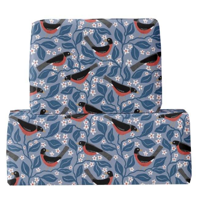Papel De Presente Rouxinol Americano Flor de Maçã Pássaro Flor (American Robin Redbreast botanical Arts and Crafts inspired gift wrapping paper roll)