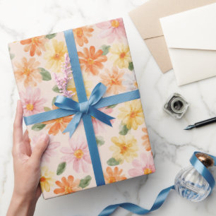 Papel De Presente Roxo Amarelo Azul Flores Aniversário Pêssego