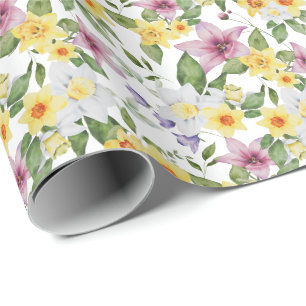 Papel De Presente Roxo Amarelo Branco Verde Floral Folhagem 