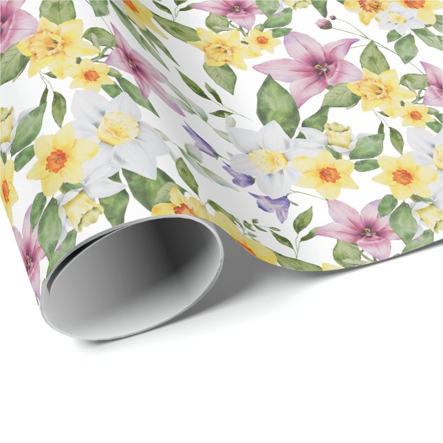 Papel De Presente Roxo Amarelo Branco Verde Folhas Florais  (Ponta do rolo)