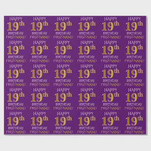 Papel De Presente Roxo, ANIVERSÁRIO FELIZ Dourado do falso "19o "