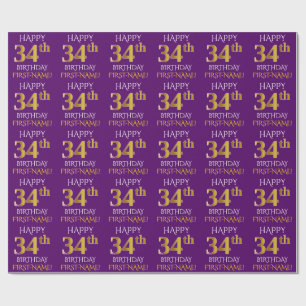 Papel De Presente Roxo, ANIVERSÁRIO FELIZ Dourado do falso "34o "