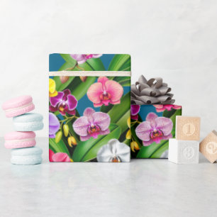 Papel De Presente Roxo Azul Amarelo Lilás Verde Flores de Orquídea
