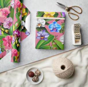 Papel De Presente Roxo Azul Amarelo Lilás Verde Orquídeas Flores