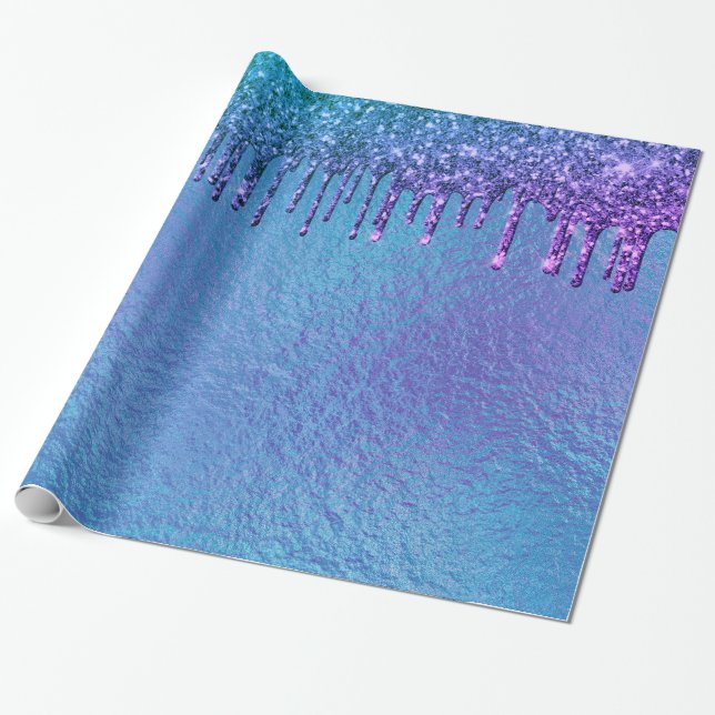 Papel De Presente Roxo Azul Iridescente Brilho Gotas Bonito (Desenrolado)