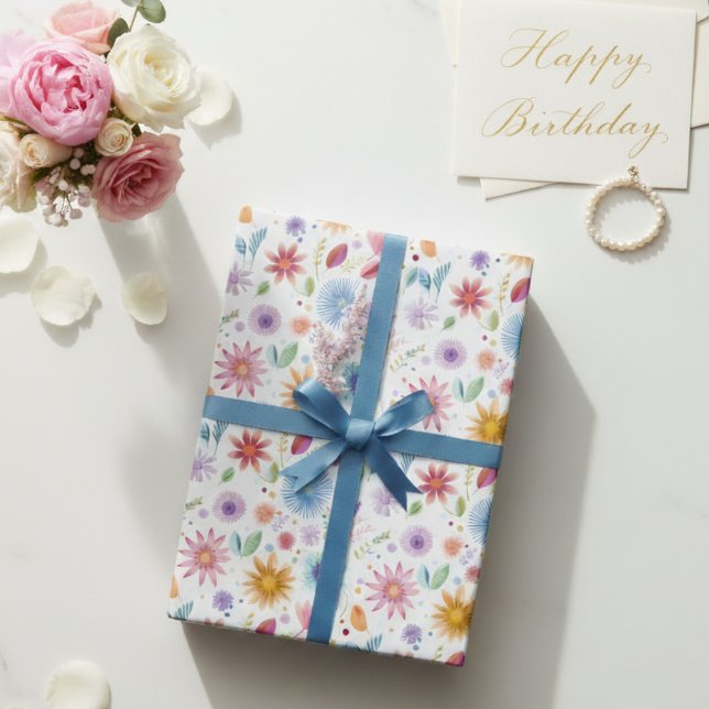 Papel De Presente Roxo Azul Rosa Boho Flor Silvestre (Criador carregado)