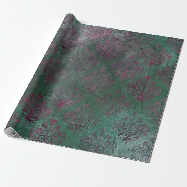 Papel De Presente Roxo Damask sobre fundo verde desbotado (Desenrolado)