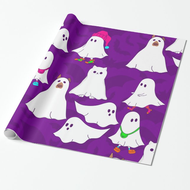 Papel De Presente roxo de cão fantasma de halloween (Desenrolado)