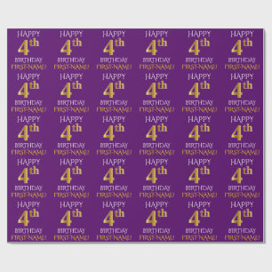 Papel De Presente Roxo, Dourado "4.º ANIVERSÁRIO FELIZ"