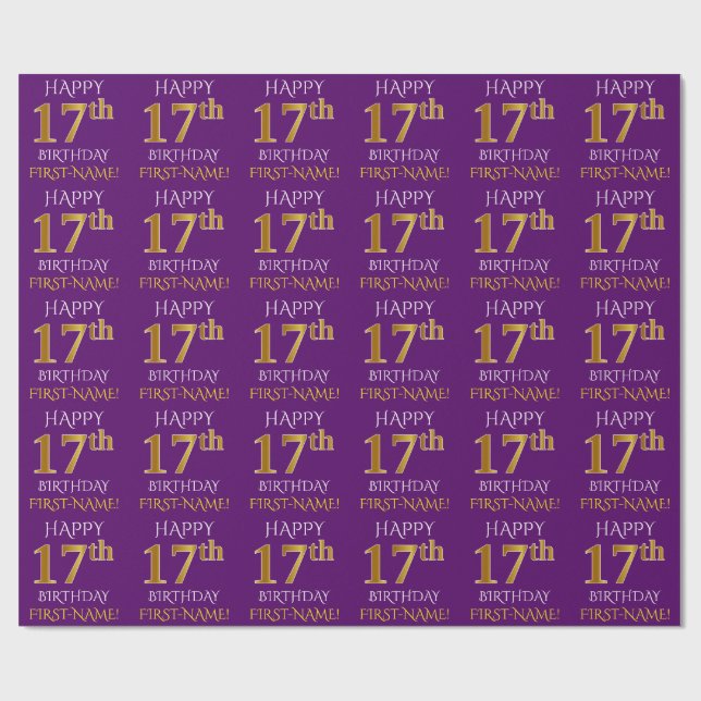 Papel De Presente Roxo, Dourado "FELIZ 17º ANIVERSÁRIO" (Aberto)