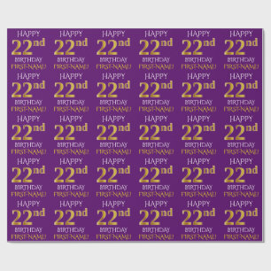 Papel De Presente Roxo, Dourado "FELIZ 22º ANIVERSÁRIO"
