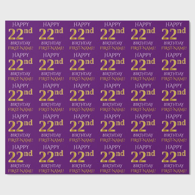 Papel De Presente Roxo, Dourado "FELIZ 22º ANIVERSÁRIO" (Aberto)
