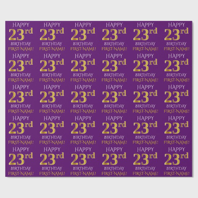 Papel De Presente Roxo, Dourado "FELIZ 23 ANOS" (Aberto)