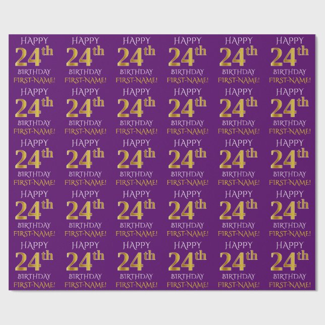 Papel De Presente Roxo, Dourado "FELIZ 24 ANOS" (Aberto)