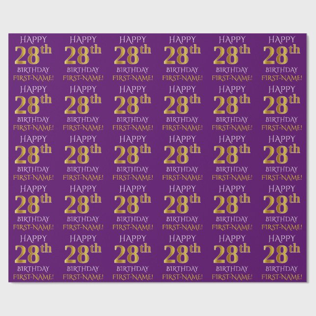 Papel De Presente Roxo, Dourado "FELIZ 28 ANOS" (Aberto)