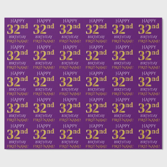 Papel De Presente Roxo, Dourado "FELIZ 32º ANIVERSÁRIO" (Aberto)