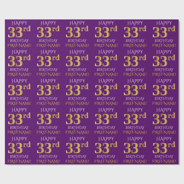 Papel De Presente Roxo, Dourado "FELIZ 33 ANOS" (Aberto)