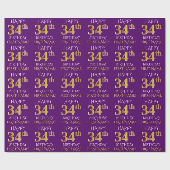Papel De Presente Roxo, Dourado "FELIZ 34 ANOS" (Aberto)
