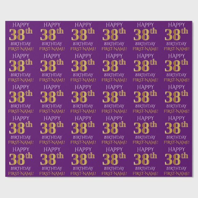 Papel De Presente Roxo, Dourado "FELIZ 38 ANOS" (Aberto)