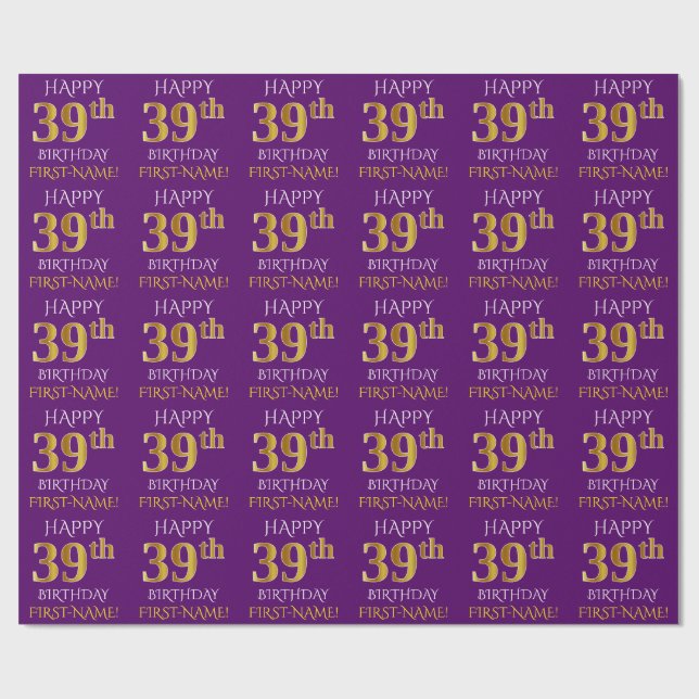 Papel De Presente Roxo, Dourado "FELIZ 39 ANOS" (Aberto)