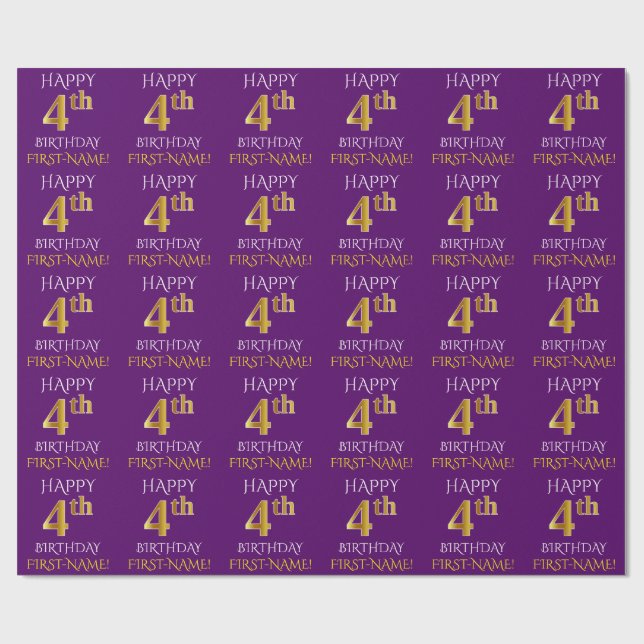 Papel De Presente Roxo, Dourado "FELIZ 4º ANIVERSÁRIO" (Aberto)