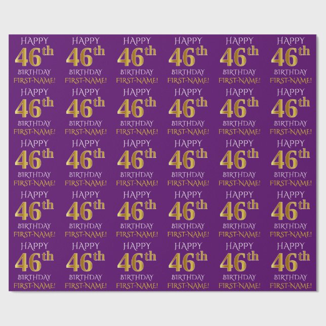 Papel De Presente Roxo, Dourado "FELIZ 46 ANOS" (Aberto)