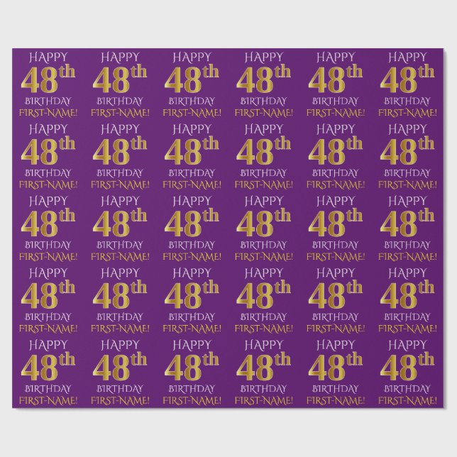Papel De Presente Roxo, Dourado "FELIZ 48 ANOS" (Aberto)
