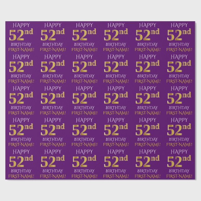 Papel De Presente Roxo, Dourado "FELIZ 52º ANIVERSÁRIO" (Aberto)