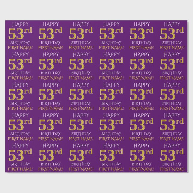 Papel De Presente Roxo, Dourado "FELIZ 53º ANIVERSÁRIO" (Aberto)