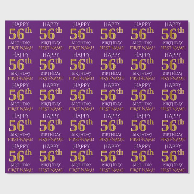 Papel De Presente Roxo, Dourado "FELIZ 56 ANOS" (Aberto)