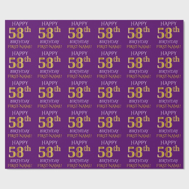 Papel De Presente Roxo, Dourado "FELIZ 58 ANOS" (Aberto)