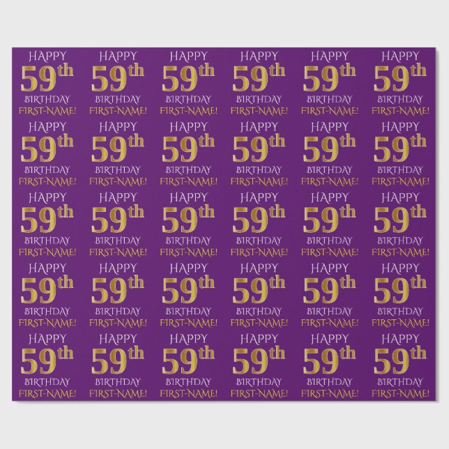 Papel De Presente Roxo, Dourado "FELIZ 59º ANIVERSÁRIO" (Aberto)