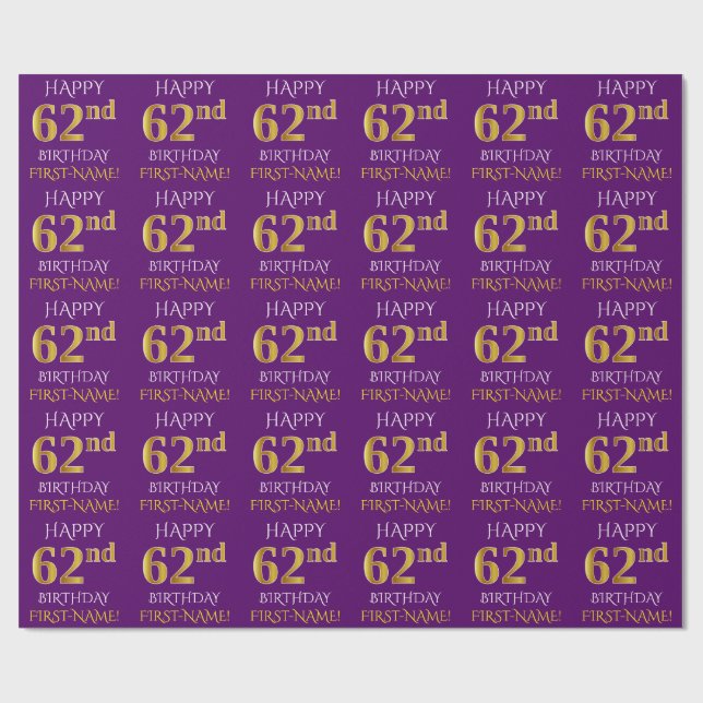 Papel De Presente Roxo, Dourado "FELIZ 62º ANIVERSÁRIO" (Aberto)