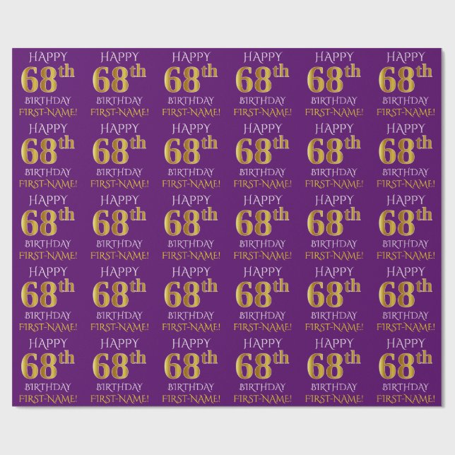 Papel De Presente Roxo, Dourado "FELIZ 68 ANOS" (Aberto)
