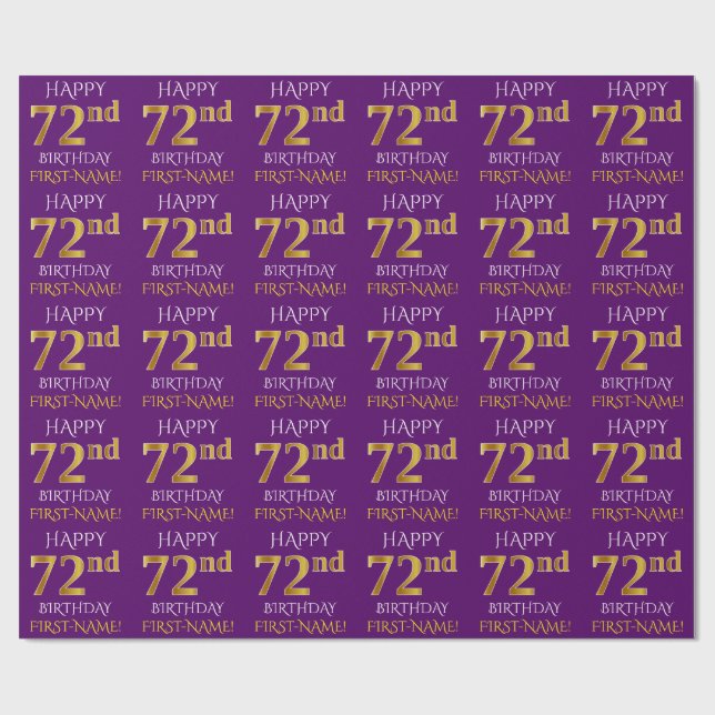 Papel De Presente Roxo, Dourado "FELIZ 72º ANIVERSÁRIO" (Aberto)