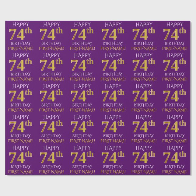 Papel De Presente Roxo, Dourado "FELIZ 74 ANOS" (Aberto)