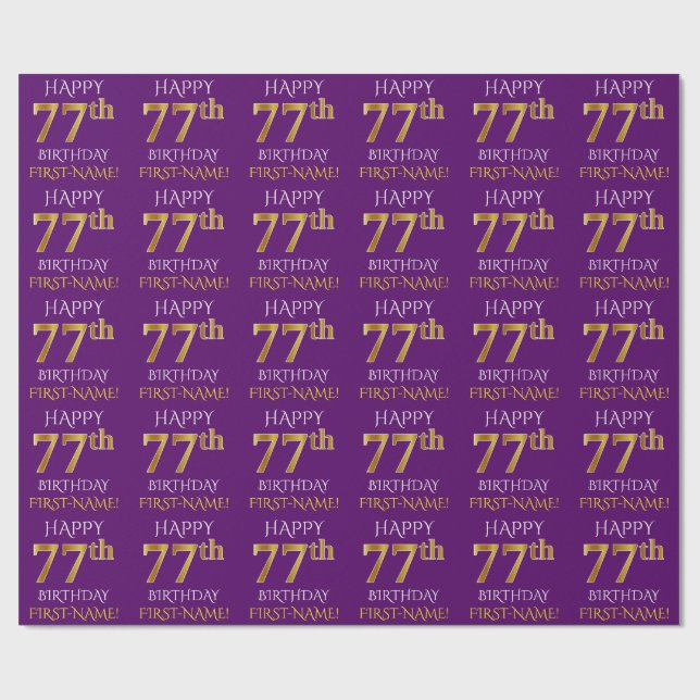 Papel De Presente Roxo, Dourado "FELIZ 77 ANOS" (Aberto)
