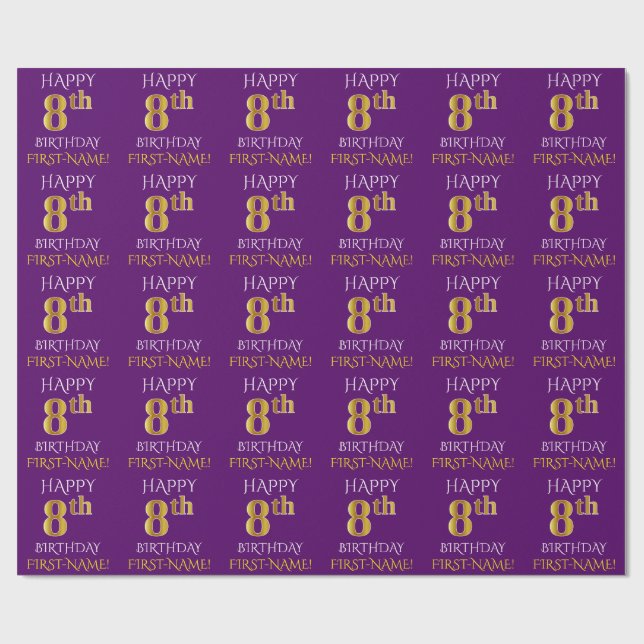 Papel De Presente Roxo, Dourado "FELIZ 8º ANIVERSÁRIO" (Aberto)
