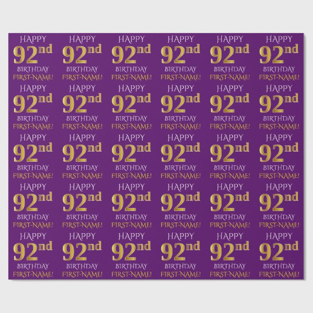 Papel De Presente Roxo, Dourado "FELIZ 92º ANIVERSÁRIO" (Aberto)