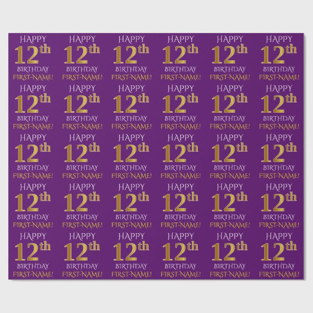 Papel De Presente Roxo, Dourado "FELIZ ANIVERSÁRIO 12" (Aberto)