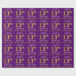 Papel De Presente Roxo, Dourado "FELIZ ANIVERSÁRIO 13"