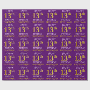 Papel De Presente Roxo, Dourado "FELIZ ANIVERSÁRIO 13"