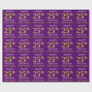 Papel De Presente Roxo, Dourado "FELIZ ANIVERSÁRIO 25"